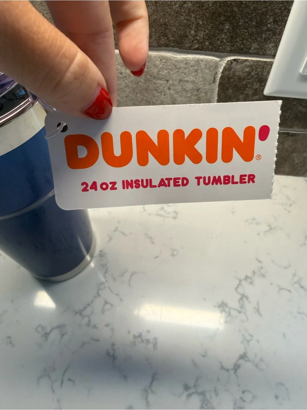 NEW RARE DUNKIN Donuts Blue Foil Metallic 24oz Insulated Tumbler Loop Travel Mug